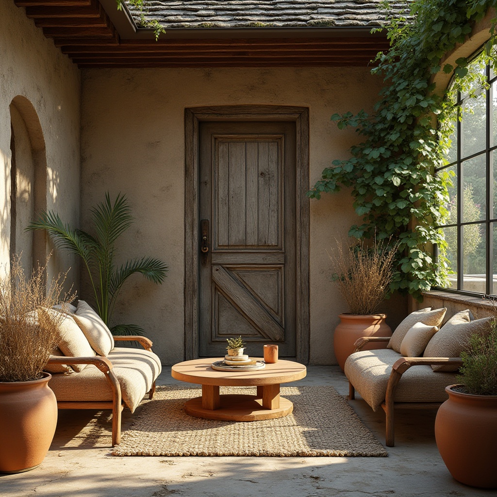 Prompt: Rustic wooden accents, reclaimed barn doors, distressed metal frames, earthy terracotta pots, woven rattan furniture, natural fiber textiles, organic stone walls, moss-covered roofs, living green walls, botanical prints, soft warm lighting, shallow depth of field, 1/1 composition, intimate close-up shots, realistic textures, ambient occlusion.