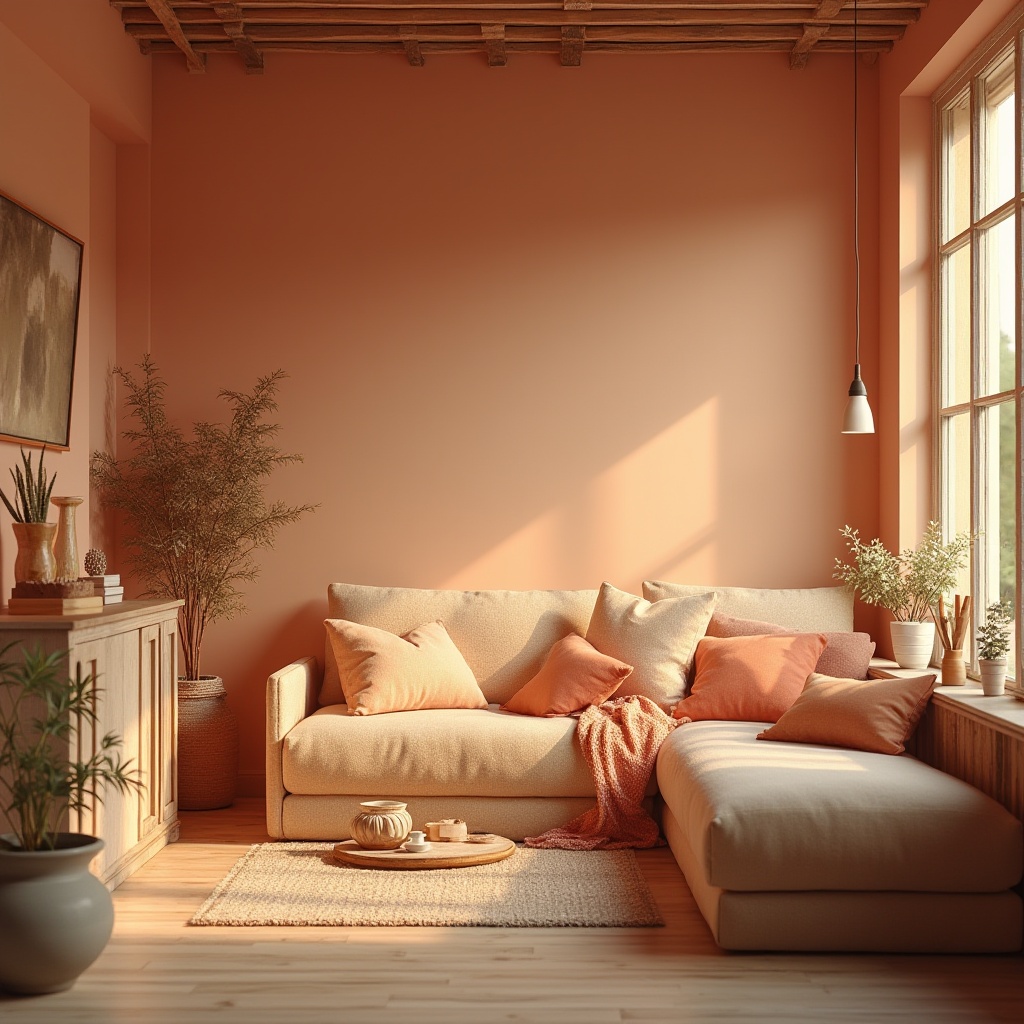 Prompt: Warm peach tones, soft apricot hues, gentle coral shades, creamy ivory accents, rich terracotta undertones, natural linen textures, rustic wooden elements, vintage distressed finishes, cozy intimate ambiance, warm golden lighting, shallow depth of field, 1/1 composition, realistic reflections, ambient occlusion.