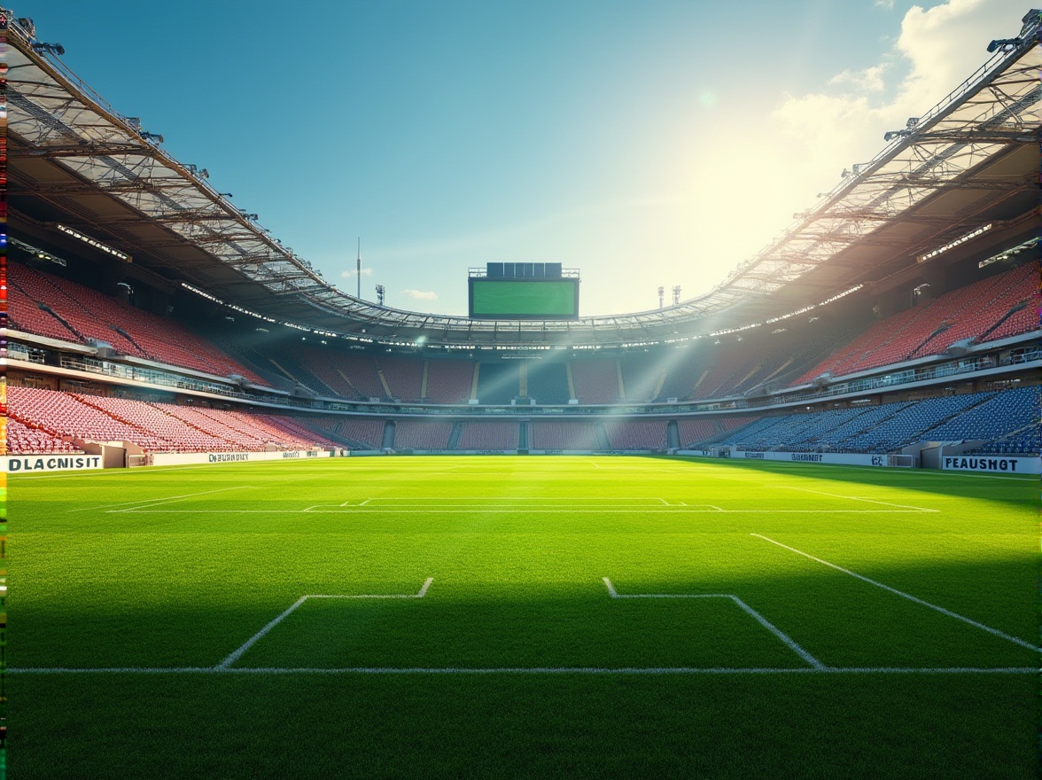 Prompt: Vibrant sports stadium, lush green grass, bold colored seats, dynamic scoreboard, sleek metal railings, modern floodlights, warm sunny day, soft natural lighting, shallow depth of field, 3/4 composition, panoramic view, realistic textures, ambient occlusion, harmonious color scheme, contrasting hues, analogous tones, triadic palette, athletic tracks, jumping pits, shot put areas, discus throwing fields, soccer goals, basketball hoops, tennis courts, dynamic sports equipment, motivational quotes, inspirational murals.