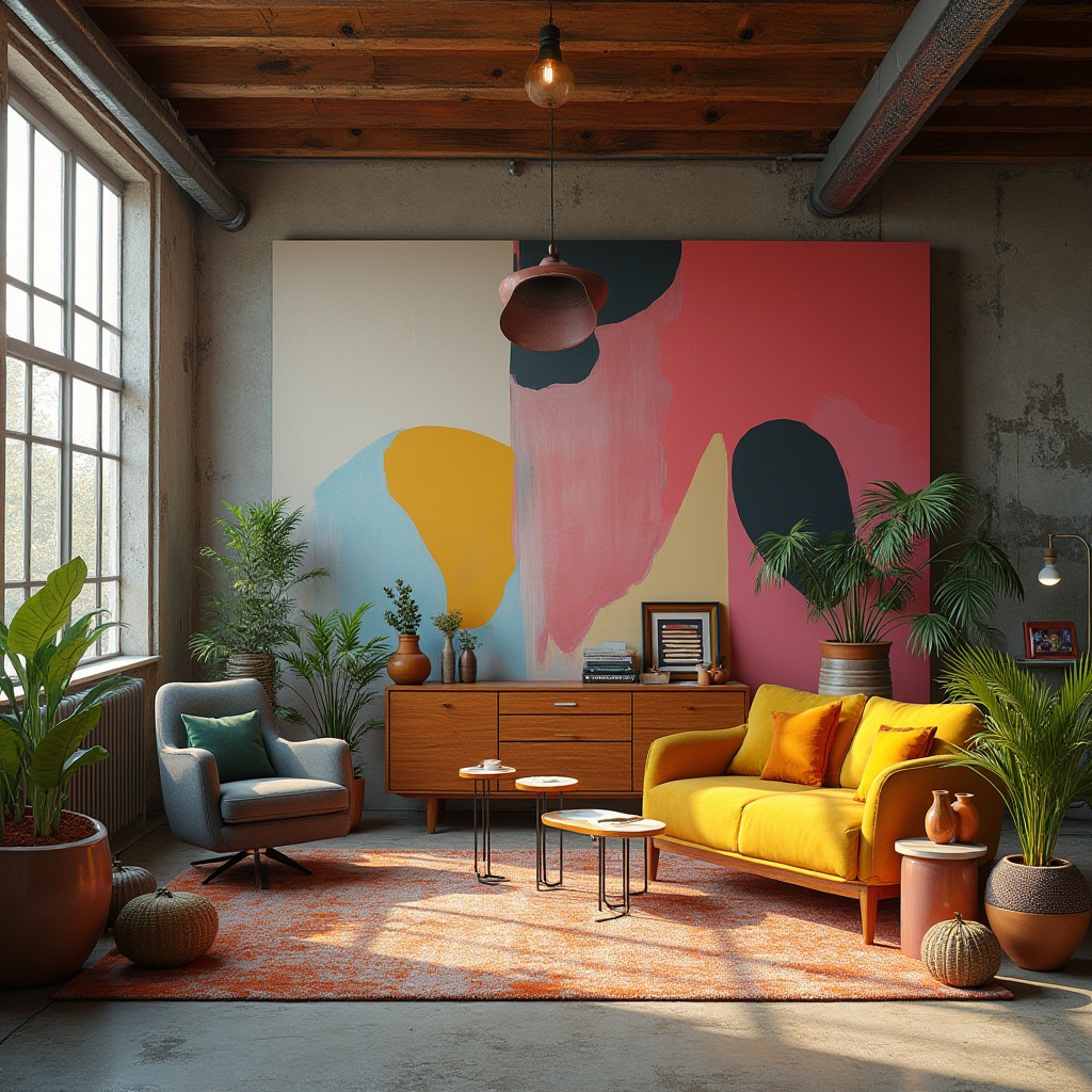 Prompt: Vibrant art studio, eclectic furniture, abstract artwork, bold color blocking, contrasting textures, natural wood accents, industrial metal beams, oversized windows, flooded with warm light, shallow depth of field, 1/1 composition, realistic rendering, ambient occlusion.