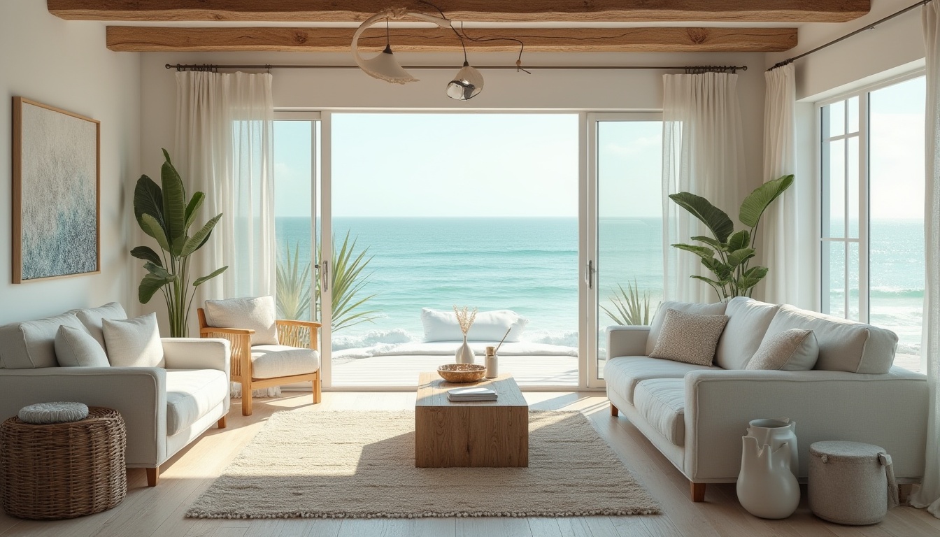 Prompt: Coastal home interior, calming ocean views, soft blue-green color palette, driftwood furniture, natural linen fabrics, woven sea grass rugs, shell decorative accents, minimalist ornate mirrors, sleek wooden floors, beachy textures, warm sunny lighting, shallow depth of field, 1/2 composition, relaxed atmosphere, serene ambiance, gentle wave patterns, ocean-inspired artwork, nautical elements, soft white curtains, rustic wooden beams, comfortable plush sofas.