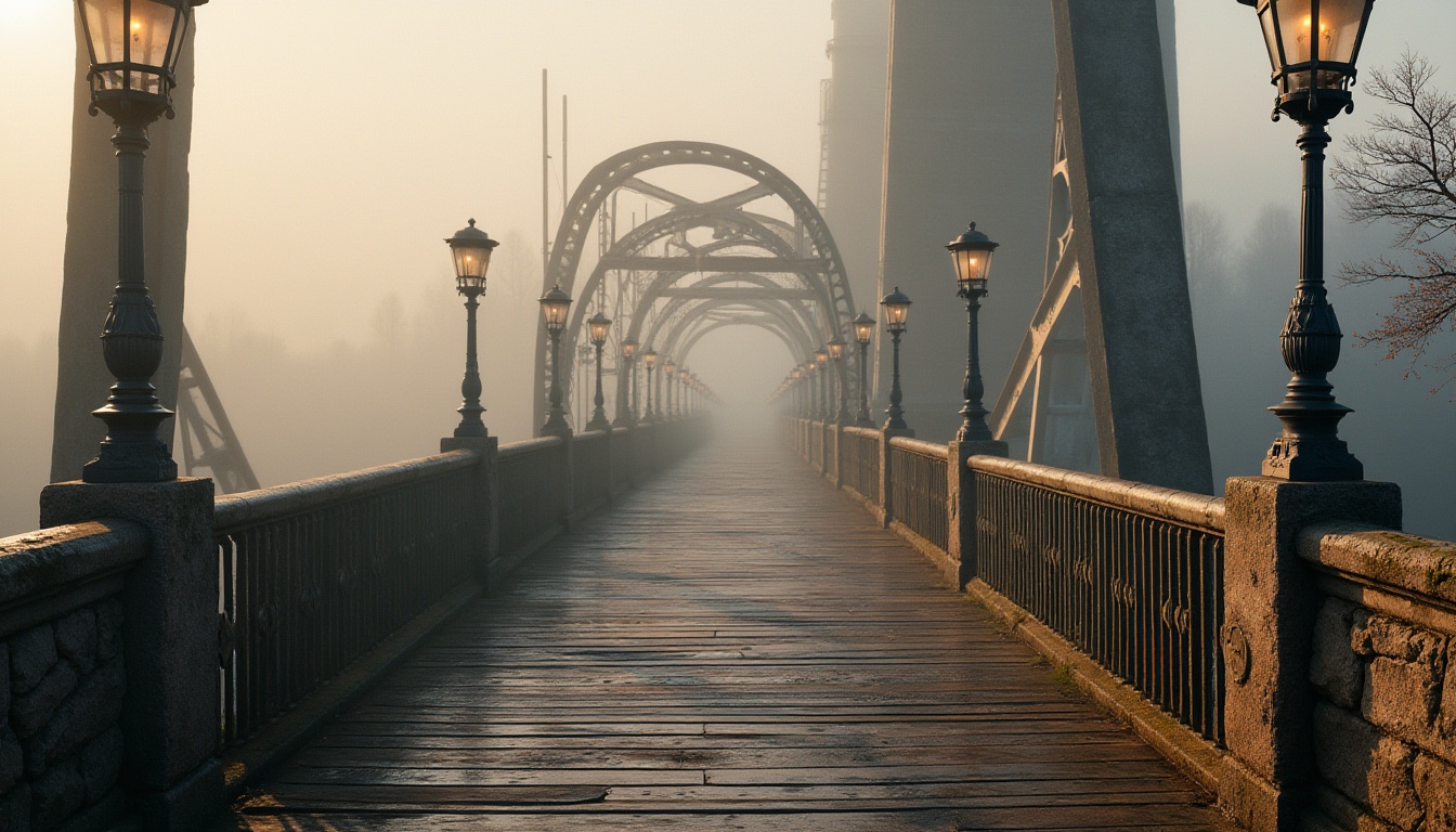 Prompt: Rustic vehicular bridges, industrial metal structures, distressed stone abutments, worn wooden railings, vintage lamp posts, misty morning fog, soft warm lighting, shallow depth of field, 3/4 composition, panoramic view, realistic textures, ambient occlusion, classic academic architectural style, symmetrical arches, ornate metal detailing, earthy color palette, moss-covered stone walls, weathered wooden planks, nostalgic atmosphere.