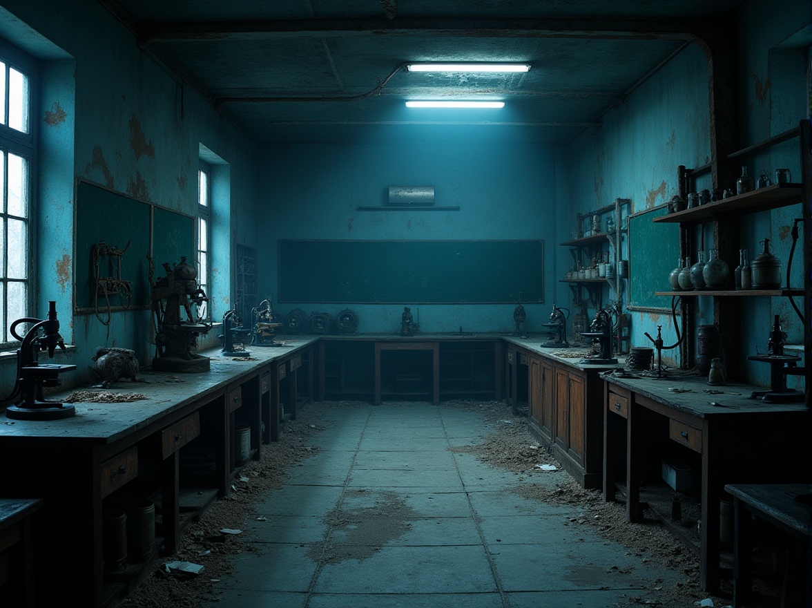 Prompt: \Mysterious abandoned laboratory, Prussian blue walls, rusty old equipment, vintage scientific instruments, dusty wooden shelves, eerie dim lighting, cobweb-covered corners, worn stone floors, faded blackboards, antique microscopes, mysterious beakers, steampunk-inspired machinery, industrial metal textures, dramatic high contrast, cinematic shallow focus, 1/2 composition, atmospheric mist, subtle blue tone grading.\