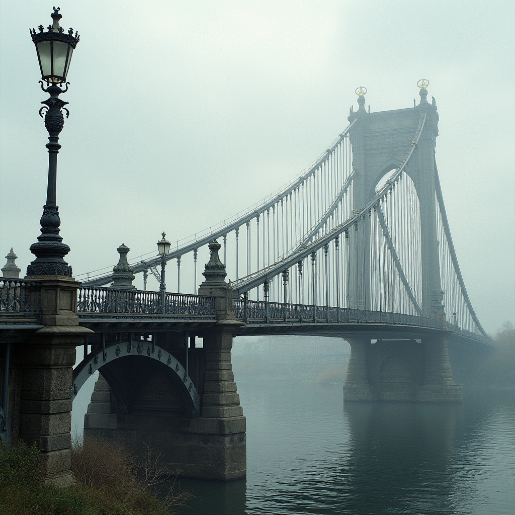 Prompt: Elegant suspension bridge, steel arches, cable-stayed pillars, pedestrian walkways, wooden decking, ornate railings, classic lamp posts, Gothic-inspired architectural details, rustic stone foundations, verdant riverbanks, serene water reflections, overcast cloudy skies, soft diffused lighting, atmospheric perspective, 1/2 composition, realistic material textures, ambient occlusion.