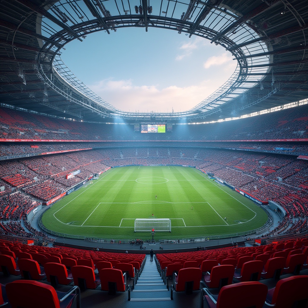 Prompt: Contemporary stadium, sleek curved lines, vibrant team colors, tiered seating arrangement, ergonomic chairs, premium VIP areas, transparent glass barriers, open-air concourses, modern LED scoreboards, dynamic lighting systems, atmospheric fog effects, 3/4 composition, low-angle photography, realistic crowd simulations, ambient occlusion.