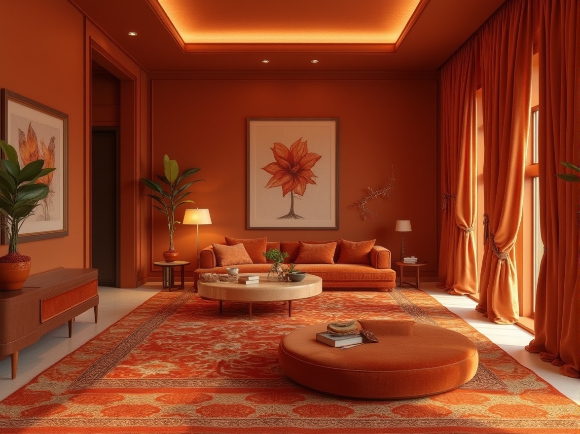 Prompt: Vibrant persimmon color scheme, warm orange hues, rich burgundy accents, earthy terracotta undertones, creamy white highlights, soft golden lighting, elegant modern architecture, sleek lines, minimalist decor, luxurious velvet fabrics, ornate wooden furniture, lavish drapery, intricate patterns, abstract artwork, sophisticated ambiance, shallow depth of field, 1/1 composition, realistic textures, ambient occlusion.