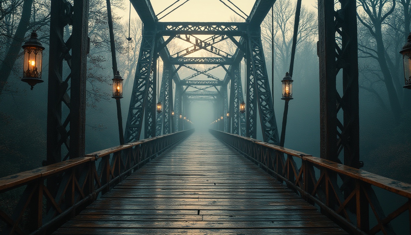 Prompt: Rustic vehicular bridge, industrial metal structure, weathered steel beams, wooden plank roadway, nostalgic lanterns, soft warm lighting, misty morning fog, serene natural surroundings, dense foliage, ancient trees, meandering watercourse, stone riverbanks, subtle gradient colors, rich textures, cinematic composition, 1/2 camera angle, shallow depth of field.