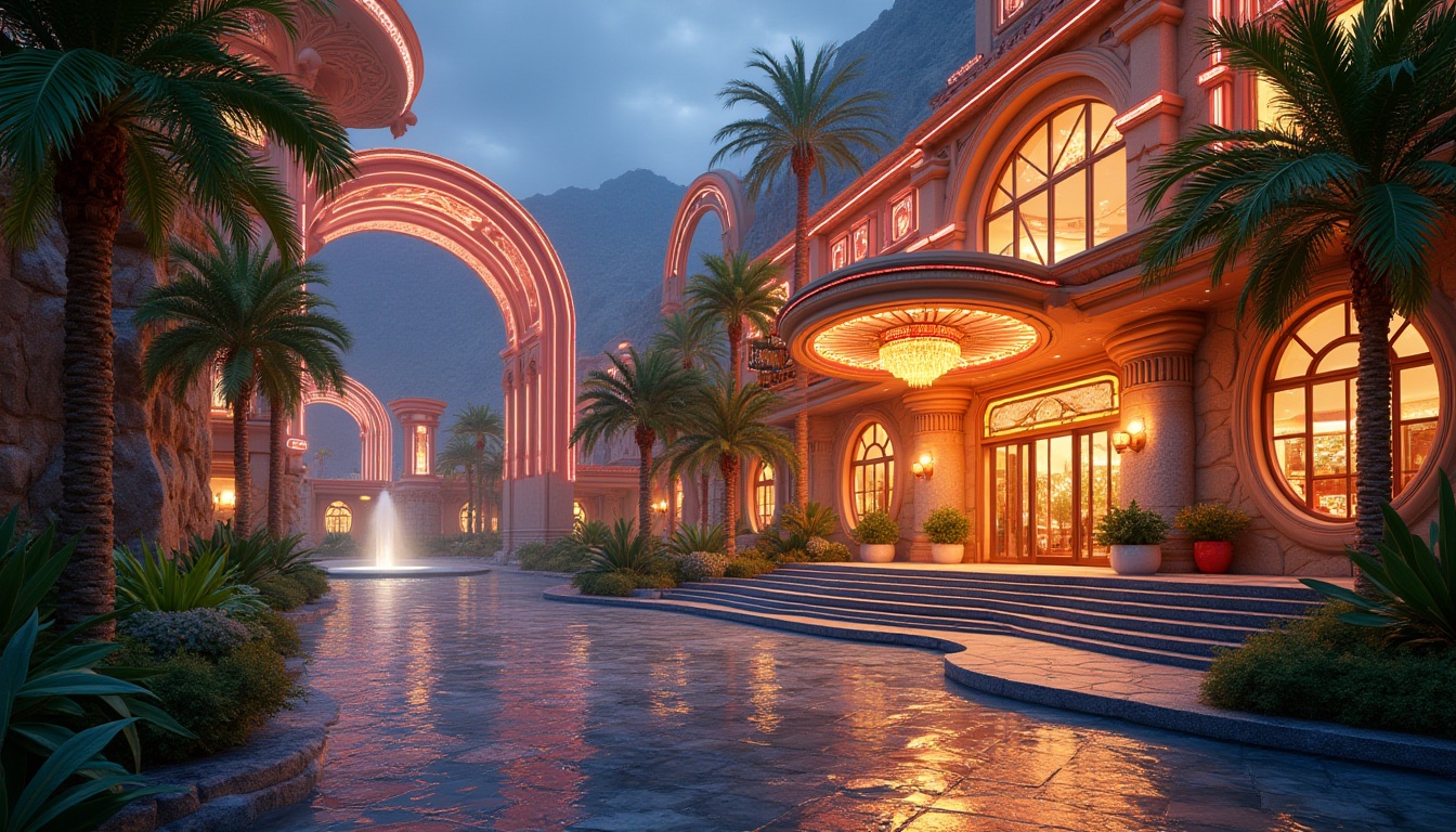 Prompt: Vibrant casino facade, curved lines, neon lights, lush greenery, tropical palms, sparkling water features, grand entrance, luxurious materials, ornate decorations, lavish chandeliers, intricate patterns, colorful mosaics, natural stone walls, warm ambiance, soft lighting, shallow depth of field, 3/4 composition, panoramic view, realistic textures, ambient occlusion, scenic views, mountainous backdrop, misty atmosphere, serene waterfalls, exotic plant species, winding walkways.