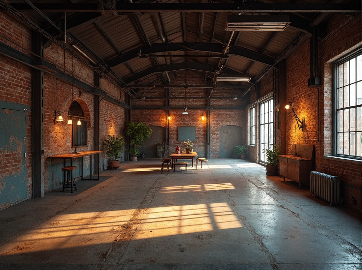 Prompt: Industrial-style warehouse, exposed brick walls, metal beams, wooden accents, reclaimed wood floors, minimalist decor, functional lighting, open spaces, high ceilings, urban atmosphere, gritty textures, dramatic shadows, warm natural light, 3/4 composition, shallow depth of field.