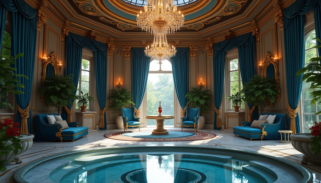 Prompt: Luxurious sapphire-hued mansion, ornate facade, grand entrance, crystal chandeliers, velvet drapes, lavish furnishings, opulent textiles, regal ambiance, dramatic lighting, rich wood accents, marble floors, sleek metallic details, sophisticated interior design, lavish courtyard, lush greenery, serene fountain, warm sunny day, soft natural light, 1/1 composition, shallow depth of field, realistic reflections.