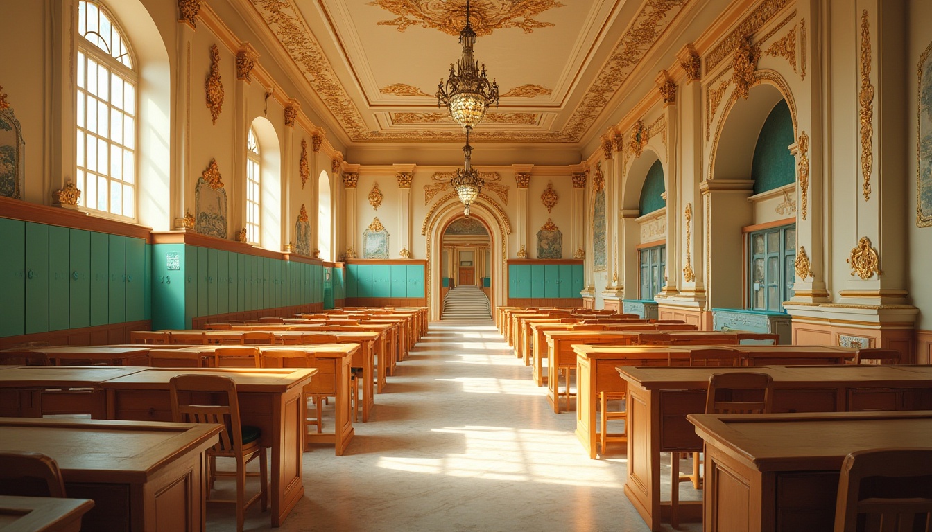 Prompt: Richly ornate elementary school, lavish golden accents, warm beige walls, intricately carved wooden furniture, vibrant turquoise lockers, soft cream-colored classrooms, elegant chandeliers, ornate mirrors, rich velvet drapes, grand staircases, imposing stone columns, Renaissance-inspired architecture, sunny afternoon light, dramatic shadows, 1/1 composition, realistic textures, ambient occlusion.