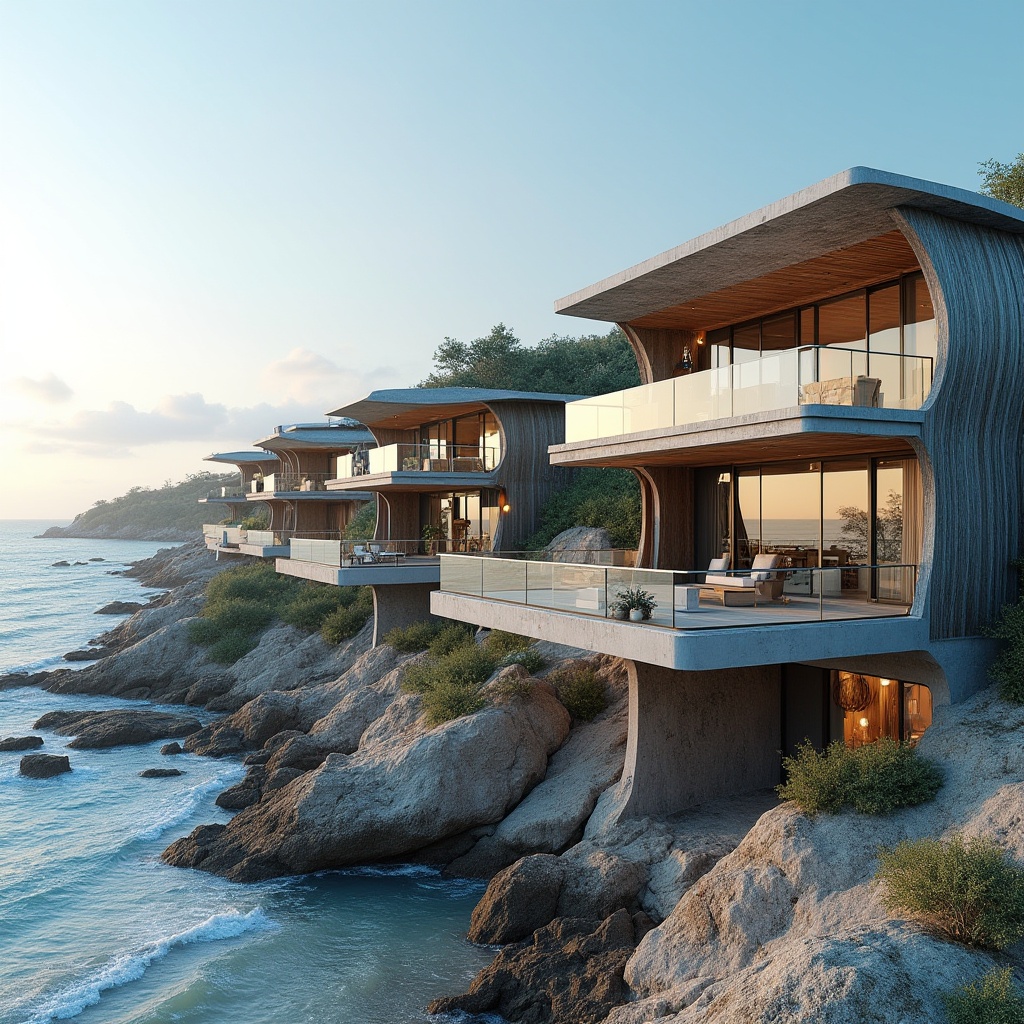 Prompt: Wavy coastal lines, oceanfront properties, modern beach houses, seaside resorts, nautical themed decorations, sailboat-inspired facades, curved glass balconies, stainless steel railings, weathered wood accents, driftwood sculptures, ocean-blue color schemes, sea-salt textures, natural stone foundations, cantilevered roofs, overhanging eaves, large windows, sliding glass doors, panoramic ocean views, soft warm lighting, shallow depth of field, 3/4 composition, realistic reflections, ambient occlusion.