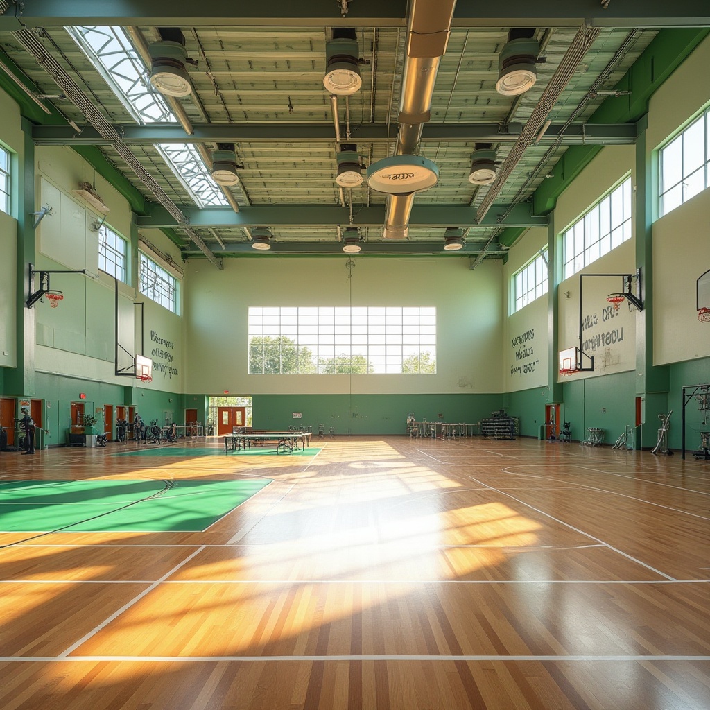 Prompt: Vibrant gymnasium interior, natural ventilation systems, solar panels, green roofs, eco-friendly materials, reclaimed wood flooring, exposed ductwork, minimalist design, bright color schemes, motivational quotes, athletic equipment, basketball courts, tennis tables, exercise machines, mirrored walls, large windows, transparent glass doors, abundant natural light, shallow depth of field, 3/4 composition, realistic textures, ambient occlusion.