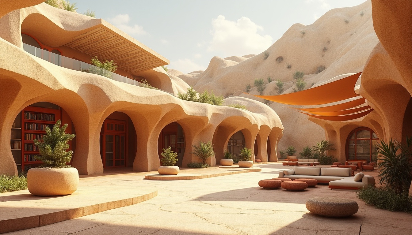 Prompt: \Vibrant desert library, sandstone fa\u00e7ade, undulating curves, cantilevered rooflines, solar panel shading devices, wind-sculpted architecture, natural ventilation systems, earthy color palette, rust-colored accents, cactus-inspired planters, minimalist outdoor furniture, shaded reading areas, misting systems, Arabic-inspired geometric patterns, warm golden lighting, shallow depth of field, 1/2 composition, panoramic view, realistic textures, ambient occlusion.\