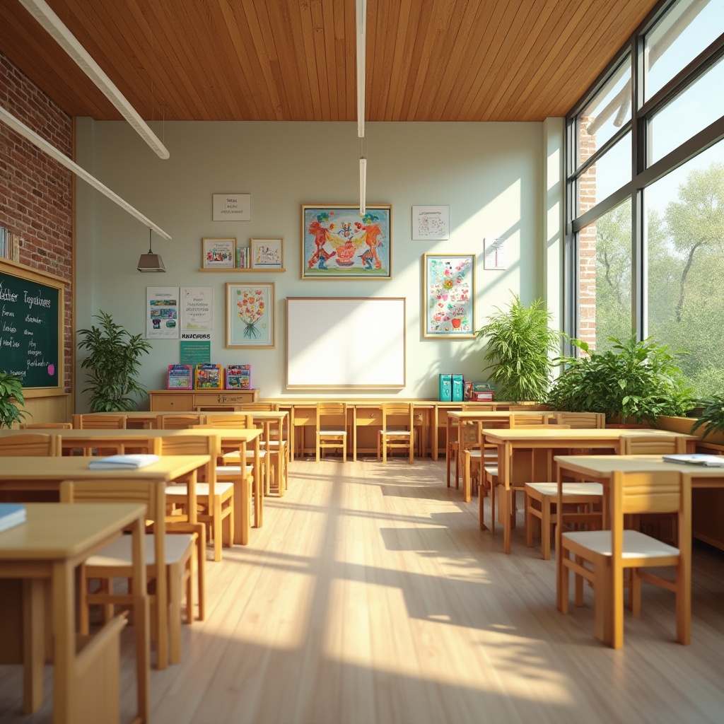 Prompt: Vibrant elementary school classroom, natural wood accents, colorful educational posters, interactive whiteboards, collaborative workstations, ergonomic chairs, plenty of natural light, soft warm ambiance, shallow depth of field, 1/2 composition, realistic textures, ambient occlusion, cozy reading nooks, built-in bookshelves, inspirational quotes, motivational artwork, flexible seating arrangements, modular furniture, acoustic panels, calming color scheme, abundant greenery, living walls, airy atmosphere.