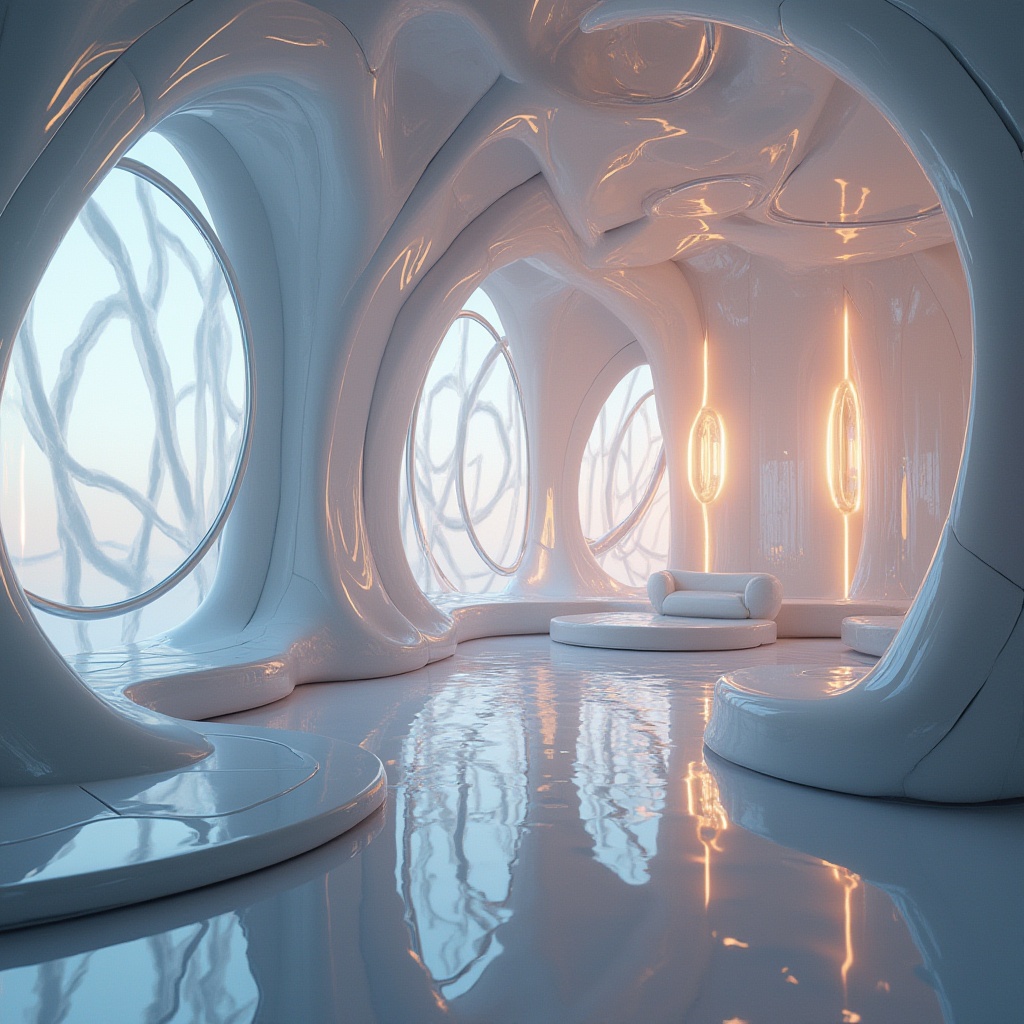 Prompt: Futuristic interior design, fibreglass materials, smooth glossy surfaces, iridescent colors, translucent textures, modern minimalist decor, sleek lines, geometric patterns, ambient lighting, soft warm glow, shallow depth of field, 1/1 composition, realistic reflections, intricate details, futuristic ambiance.