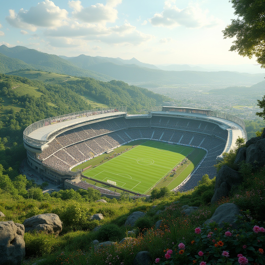 Prompt: Panoramic soccer stadium, lush green landscape, rolling hills, natural stone seating areas, vibrant flowers, modern architecture, sleek metal structures, large glass facades, cantilevered roofs, open-air concourses, elevated walkways, scenic overlooks, misting systems, shaded spectator zones, realistic textures, ambient occlusion, soft warm lighting, shallow depth of field, 3/4 composition, realistic crowd simulation, dynamic scoreboard displays.