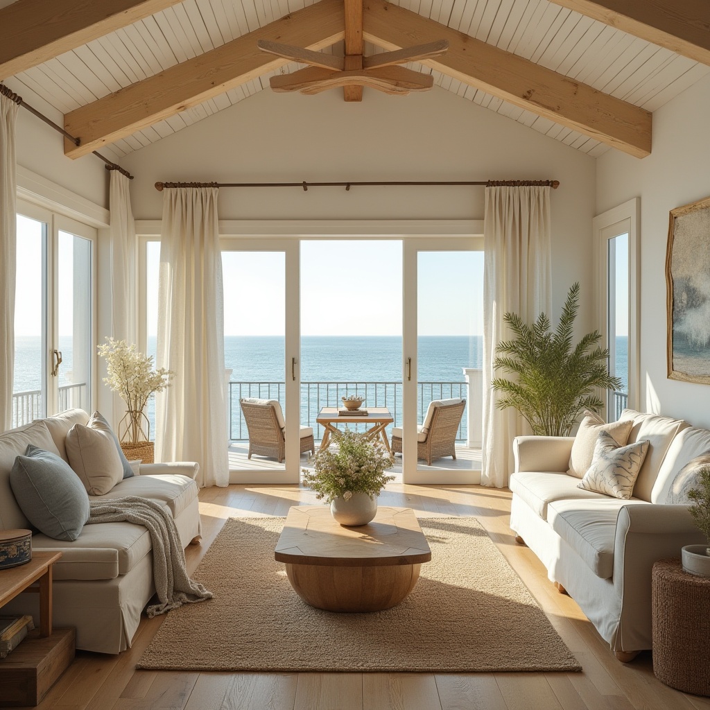 Prompt: Soothing coastal home interior, calming ocean views, driftwood furniture, soft beige walls, natural linen upholstery, woven sea grass rugs, distressed wood accents, vintage nautical decor, floor-to-ceiling windows, sliding glass doors, warm golden lighting, shallow depth of field, 1/1 composition, cozy reading nooks, plush throw blankets, ocean-inspired color palette, seaside-themed artwork, minimalist ornamentation, functional storage solutions, open-plan living area, airy vaulted ceiling, serene atmosphere, soft focus effect.