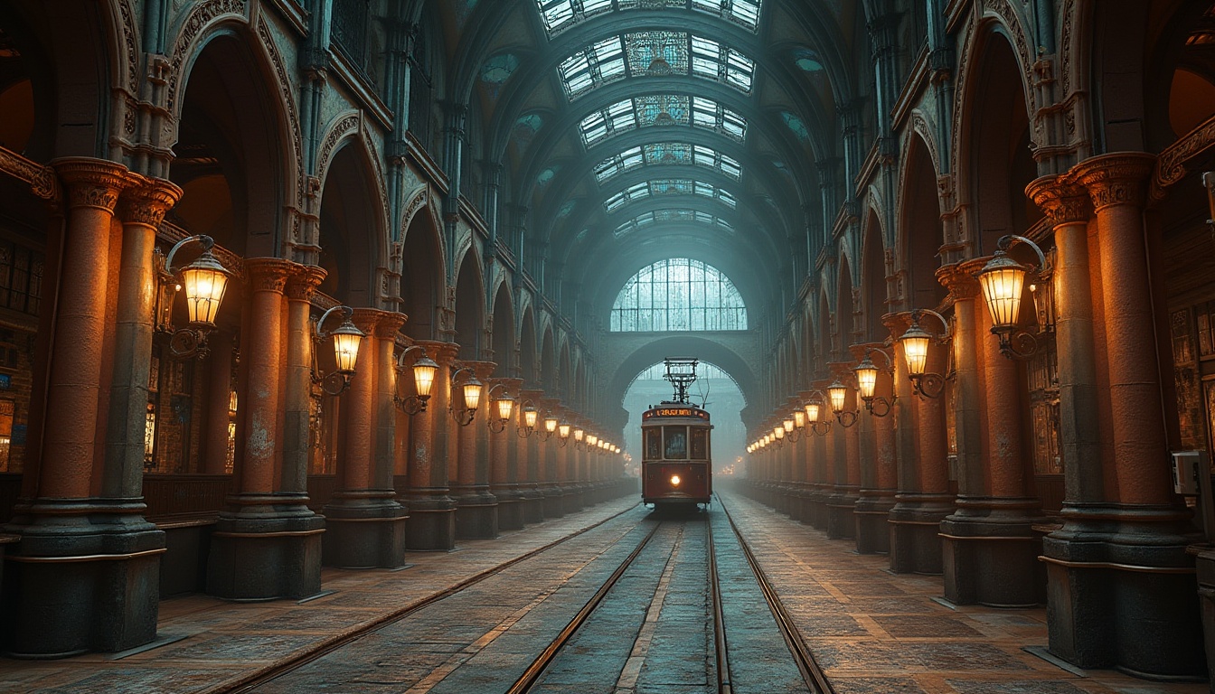 Prompt: Intricate tram station, captivating Gothic arches, ornate stone carvings, grand vaulted ceilings, stained glass windows, richly patterned ironwork, mysterious lanterns, atmospheric misty lighting, dramatic shadows, warm earthy tones, rusty metal accents, distressed brick walls, vintage clock towers, intricate mosaic floors, majestic entrance halls, symmetrical composition, cinematic camera angles, realistic textures, ambient occlusion.