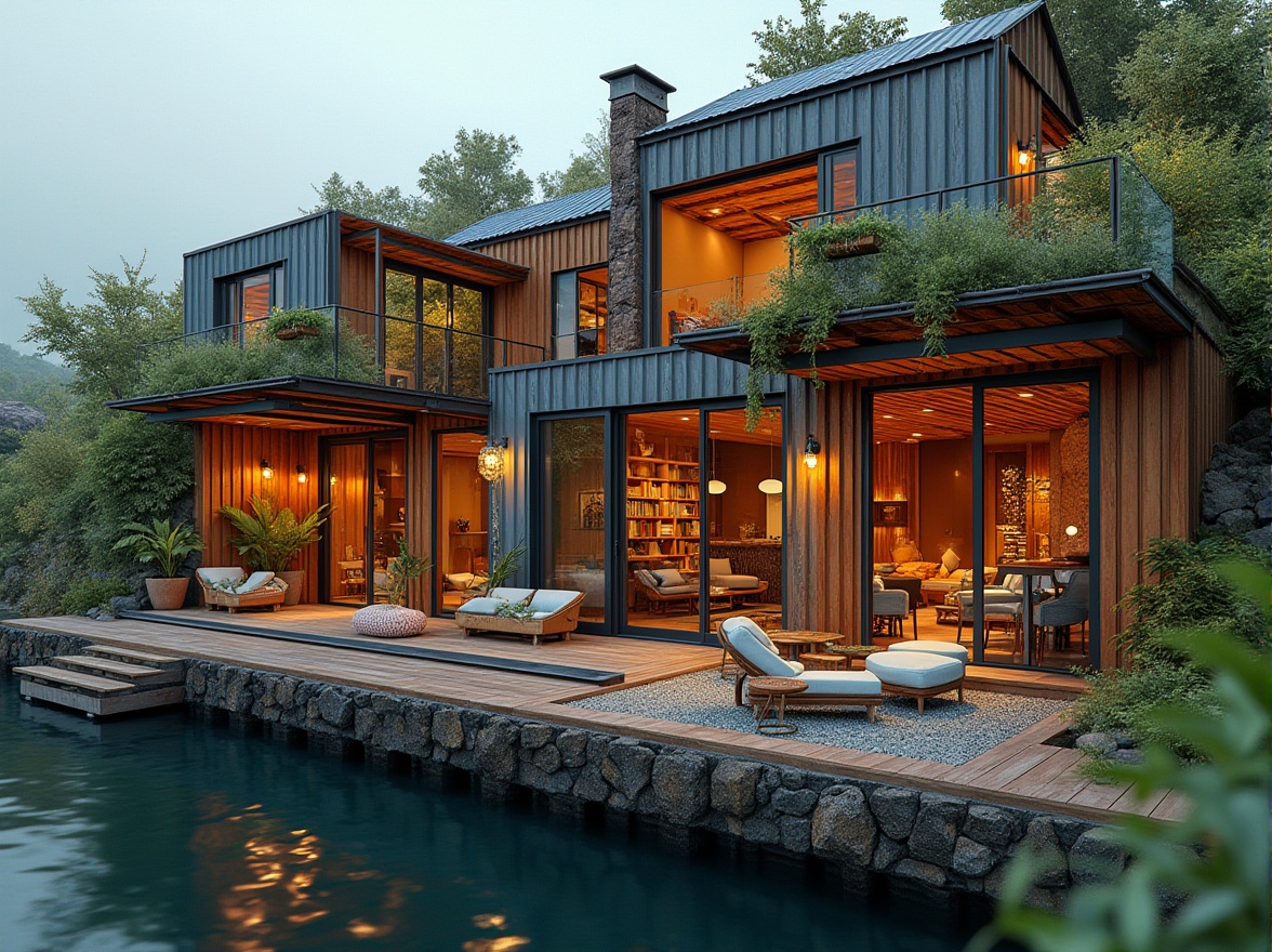 Prompt: Waterfront location, eclectic boathouse design, reclaimed wood accents, corrugated metal roofs, oversized windows, sliding glass doors, nautical-themed decorations, marine-inspired color palette, rusty metal details, natural stone foundations, lush greenery, overhanging plants, solar panels, rainwater harvesting systems, eco-friendly materials, modern sustainable architecture, cozy reading nooks, comfortable lounge areas, warm ambient lighting, shallow depth of field, 1/2 composition, soft focus, realistic textures, atmospheric rendering.