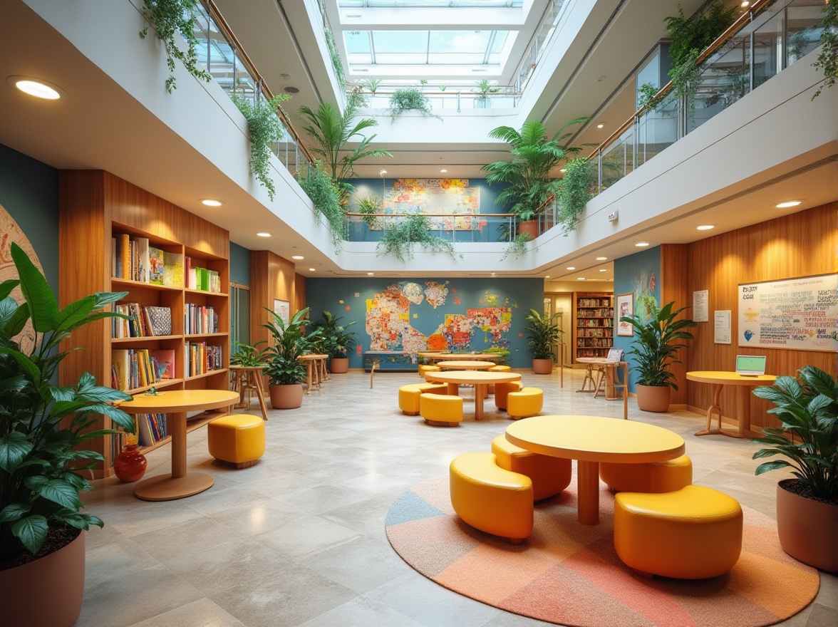 Prompt: Vibrant learning hub, collaborative furniture, colorful murals, natural light-filled atrium, comfortable reading nooks, interactive display screens, modern minimalistic architecture, flexible open spaces, cozy breakout rooms, stimulating play areas, educational signage, diverse plant species, wooden accent walls, soft warm lighting, shallow depth of field, 3/4 composition, panoramic view, realistic textures, ambient occlusion.