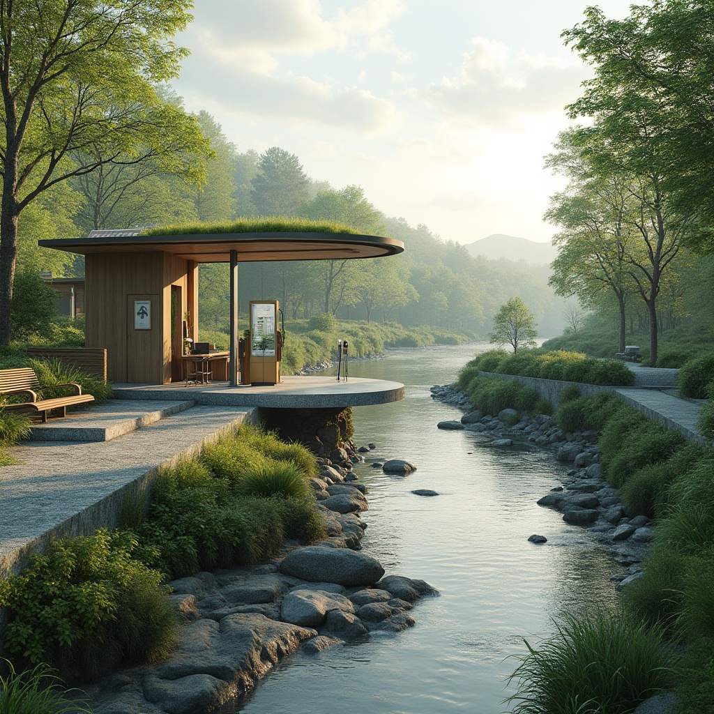 Prompt: Riverbank charging station, modern minimalist design, green roofs, solar panels, eco-friendly materials, sustainable energy solutions, serene waterfront views, gentle river flow, lush vegetation, native plants, natural stone walkways, wooden benches, scenic overlooks, calm atmosphere, soft warm lighting, shallow depth of field, 3/4 composition, panoramic view, realistic textures, ambient occlusion.Please let me know if this meets your requirements or if you need any further adjustments!