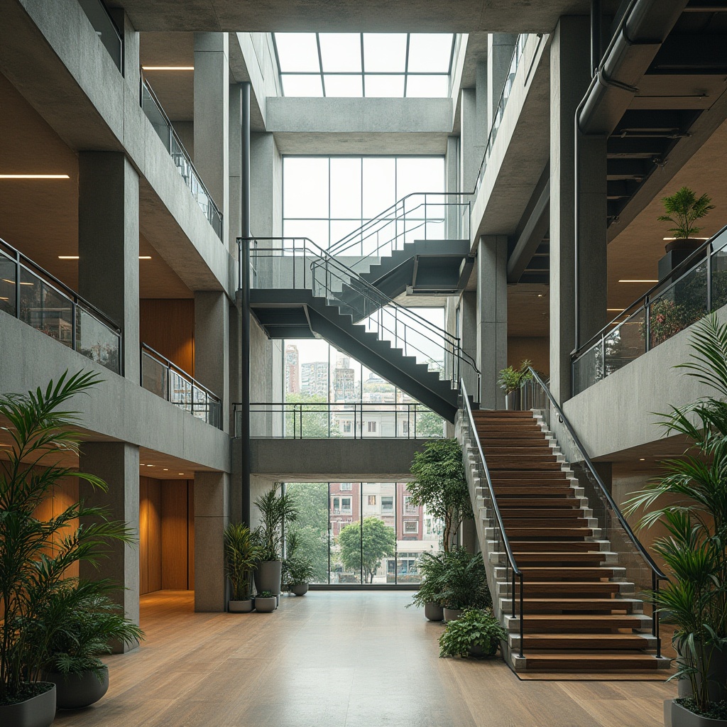 Prompt: Modern building facade, exposed steel beams, industrial pipes, concrete columns, minimalist decor, urban cityscape, cloudy sky, natural light pouring in, airy atrium, grand staircase, open floor plan, sleek metal railings, polished wooden floors, geometric shapes, functional layout, efficient use of space, sustainable design principles, eco-friendly materials, vibrant green walls, lush indoor plants, soft warm lighting, shallow depth of field, 3/4 composition, realistic textures, ambient occlusion.