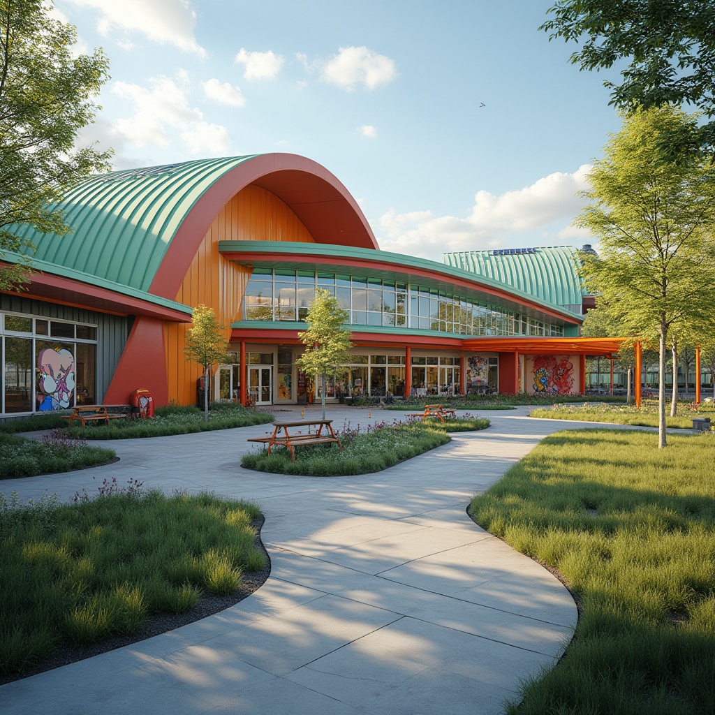 Prompt: Vibrant middle school building, curved rooflines, green roofing systems, solar panels, skylights, clerestory windows, metal cladding, modern architecture, educational facilities, collaborative learning spaces, flexible classrooms, colorful exterior walls, playful mural artworks, shaded outdoor areas, seating benches, dynamic LED lighting, shallow depth of field, 1/2 composition, warm natural light, soft ambient shadows, realistic textures.