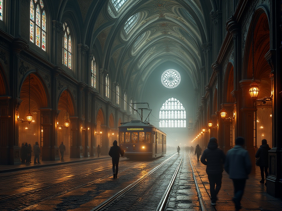 Prompt: Intricate tram station, Gothic arches, ornate stone carvings, stained glass windows, grand entrance halls, vaulted ceilings, ribbed vaults, flying buttresses, dramatic lighting, misty atmosphere, foggy mornings, urban landscape, busy streets, modern transportation hub, industrial heritage, rusty steel beams, distressed brick walls, intricate ironwork, mysterious shadows, warm golden lighting, cinematic composition, shallow depth of field.