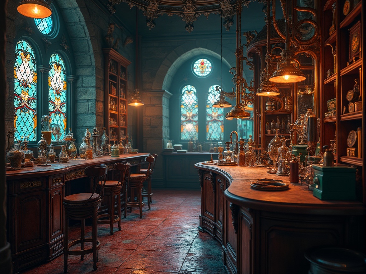 Prompt: Intricate laboratory equipment, ornate metalwork, curved lines, flowing organic shapes, stained glass windows, vibrant jewel-toned colors, luxurious velvet fabrics, polished wooden accents, antique scientific instruments, mysterious experimentation atmosphere, dim warm lighting, shallow depth of field, 1/2 composition, detailed textures, ambient occlusion.