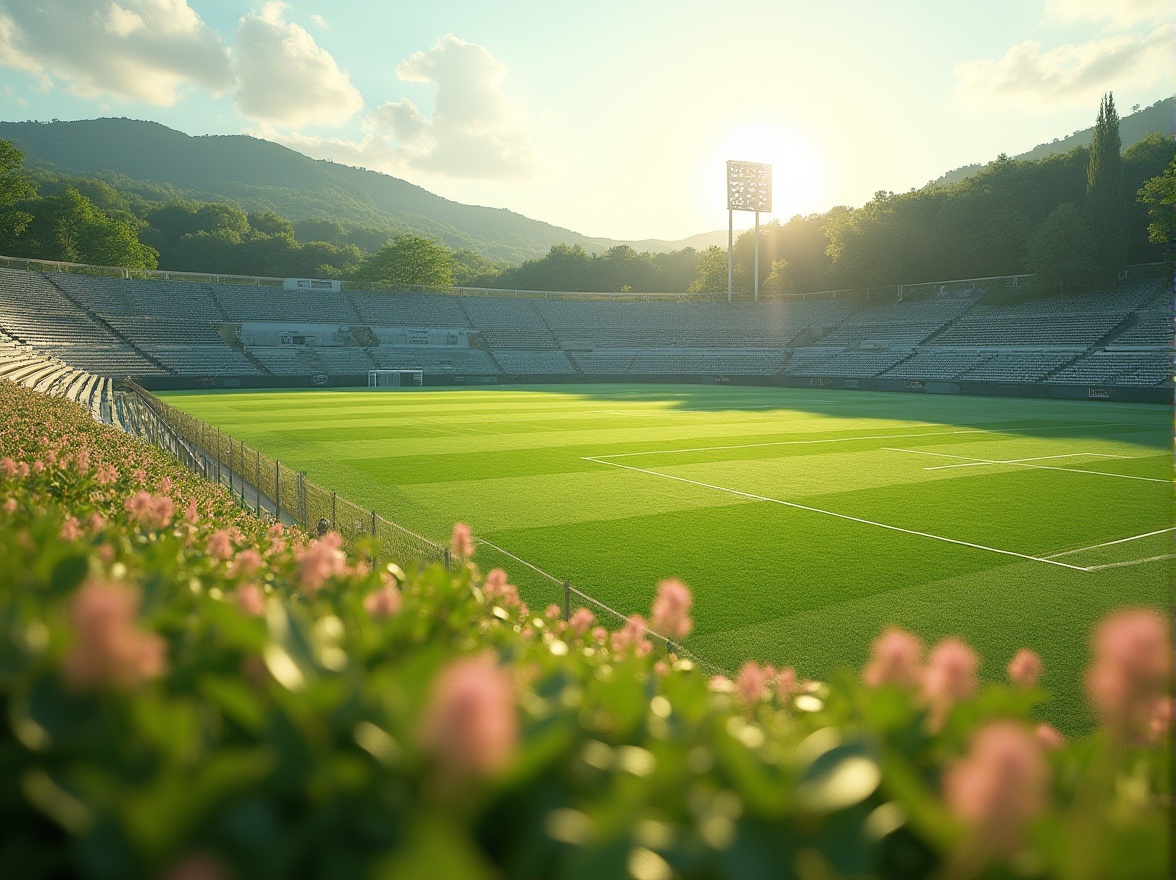 Prompt: Natural grassy terrain, rolling hills, serene atmosphere, sports stadium seating, goalposts, soccer fields, tennis courts, basketball hoops, athletic tracks, rubberized flooring, vibrant greenery, blooming flowers, sunny day, soft warm lighting, shallow depth of field, 3/4 composition, panoramic view, realistic textures, ambient occlusion, modern architecture, sleek metal bleachers, minimalist design, sustainable irrigation systems, eco-friendly materials, innovative drainage solutions, shaded outdoor spaces.