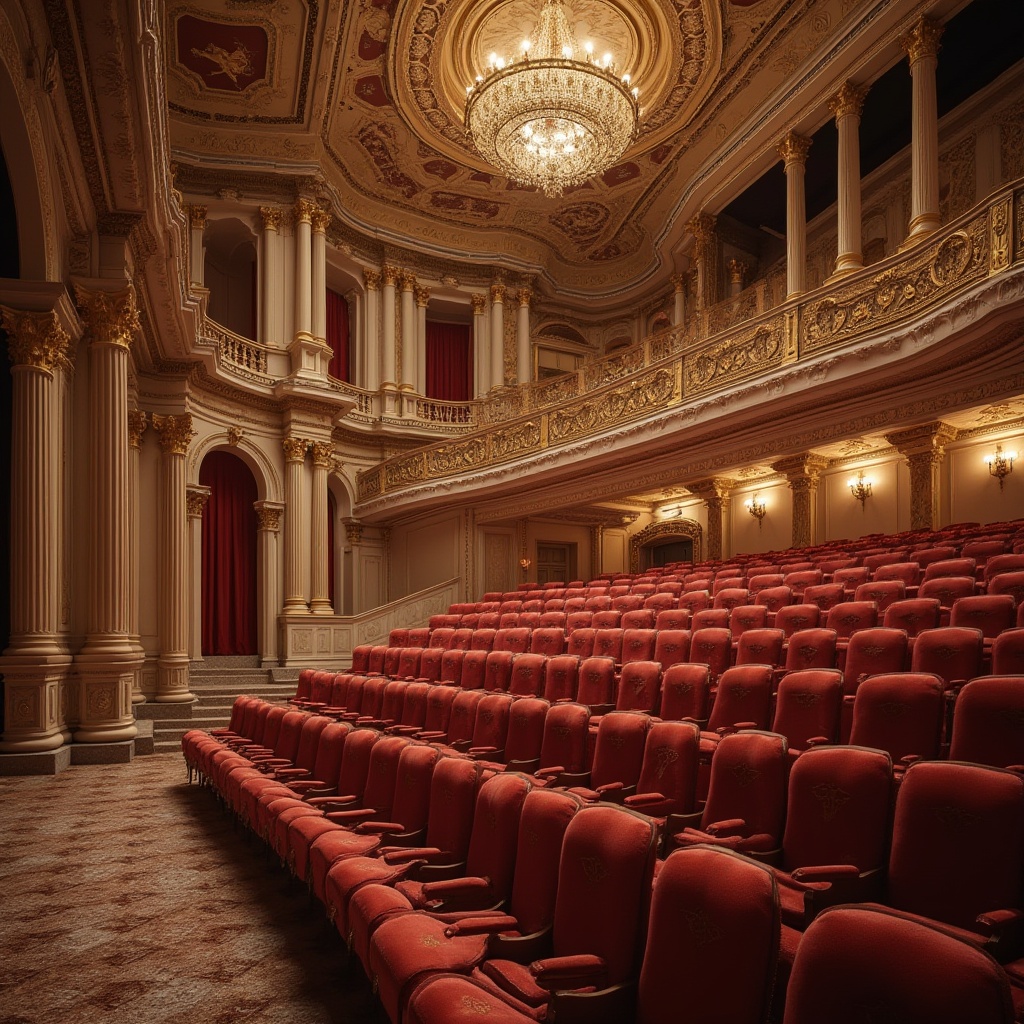 Prompt: Elegant amphitheater, Renaissance-inspired architecture, ornate stone carvings, curved seating arrangement, velvet upholstery, golden accents, intricate moldings, grand staircase, regal atmosphere, warm soft lighting, shallow depth of field, 3/4 composition, panoramic view, realistic textures, ambient occlusion, luxurious fabrics, refined wood tones, classic column details.