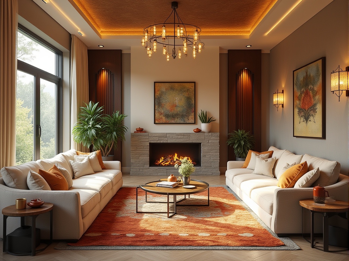 Prompt: Cozy living room, plush sofas, warm wood accents, soft golden lighting, comfortable pillows, natural stone fireplace, elegant chandeliers, cream-colored walls, rich velvet curtains, lavish area rugs, modern minimalist furniture, sleek metal frames, vibrant colorful artwork, lush greenery, scenic window views, tranquil atmosphere, shallow depth of field, 1/1 composition, warm afternoon light, realistic textures, ambient occlusion.