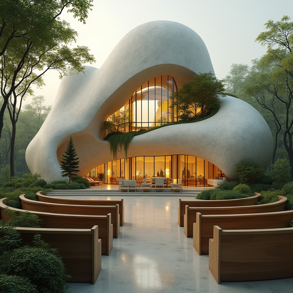 Prompt: Organic blob-shaped church, undulating curves, natural stone fa\u00e7ade, living walls, green roofs, solar panels, wind turbines, rainwater harvesting systems, eco-friendly materials, reclaimed wood accents, stained glass windows, soft warm lighting, minimalist interior design, open airy spaces, curved pews, spiritual ambiance, serene atmosphere, panoramic views, shallow depth of field, 3/4 composition, realistic textures, ambient occlusion.