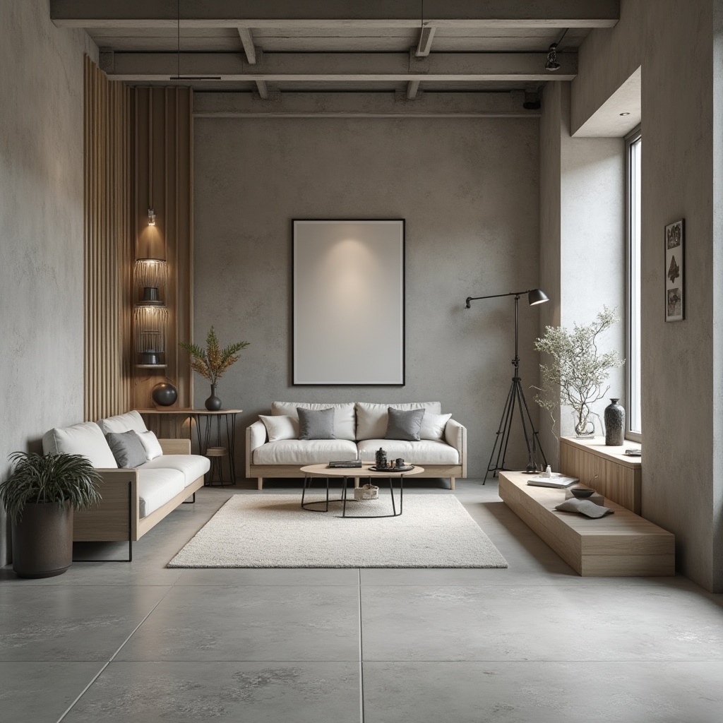 Prompt: Monochromatic interior space, polished concrete floors, smooth wood accents, matte metal surfaces, subtle textile patterns, soft LED lighting, Scandinavian-inspired furniture, geometric shapes, neutral color palette, minimalist decor, ambient shadows, shallow depth of field, 1/1 composition, realistic reflections, natural stone walls, industrial-chic aesthetic.