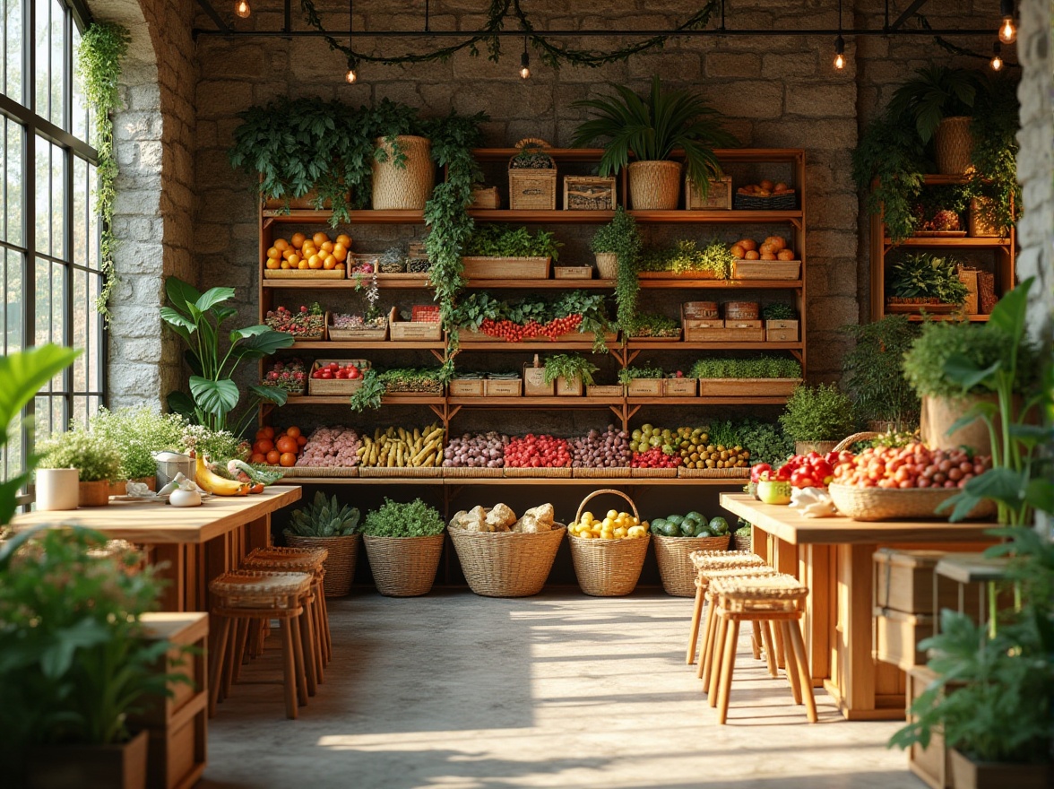 Prompt: Earthy tone grocery store, natural stone walls, reclaimed wood accents, living green walls, organic produce displays, woven baskets, rattan furniture, earthy color palette, botanical prints, wooden crates, fresh flowers, soft warm lighting, shallow depth of field, 3/4 composition, inviting atmosphere, realistic textures, ambient occlusion.