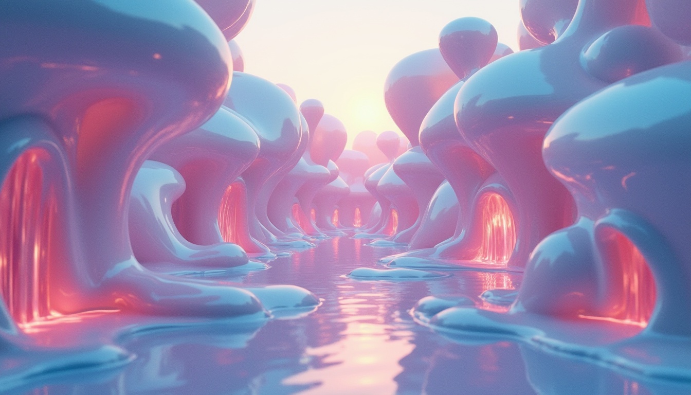 Prompt: Organic blob-shaped buildings, iridescent colors, glossy surfaces, amoeba-inspired forms, futuristic architecture, wavy lines, irregular shapes, translucent materials, ethereal ambiance, dreamy atmosphere, soft focus, shallow depth of field, 1/2 composition, close-up shots, abstract textures, ambient occlusion, misty morning light, vibrant neon accents, holographic displays, interactive installations, immersive experiences.