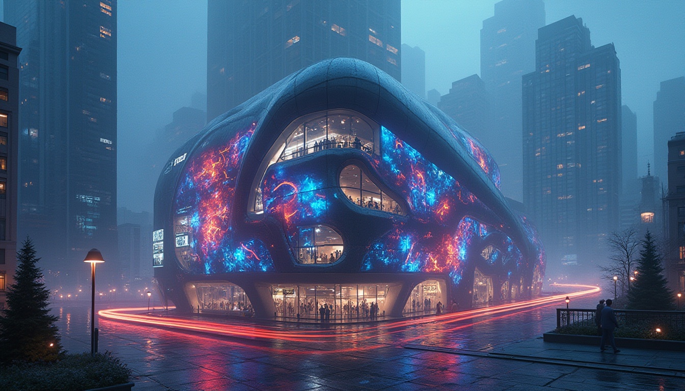 Prompt: Futuristic building facade, neon-lit streets, metropolitan cityscape, sleek metallic materials, reflective glass surfaces, angular lines, minimalist design, holographic advertisements, vibrant LED lights, dynamic patterns, 3D projections, atmospheric fog, misty evening, shallow depth of field, 1/2 composition, symmetrical balance, futuristic typography, ambient occlusion.