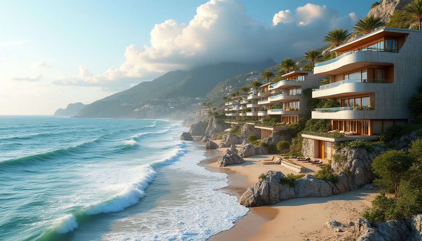 Prompt: Wave-crashing coastline, salty ocean air, rugged cliffs, sandy beaches, modern coastal buildings, curvaceous fa\u00e7ade design, undulating balconies, anodized aluminum cladding, glass railings, cantilevered roofs, sea-inspired color palette, weathered wooden accents, driftwood textures, ocean-breeze ventilation systems, large overhangs, shaded outdoor spaces, natural stone foundations, beachy landscaping, tropical plants, warm sunny day, soft diffused lighting, 1/1 composition, atmospheric perspective, realistic reflections.