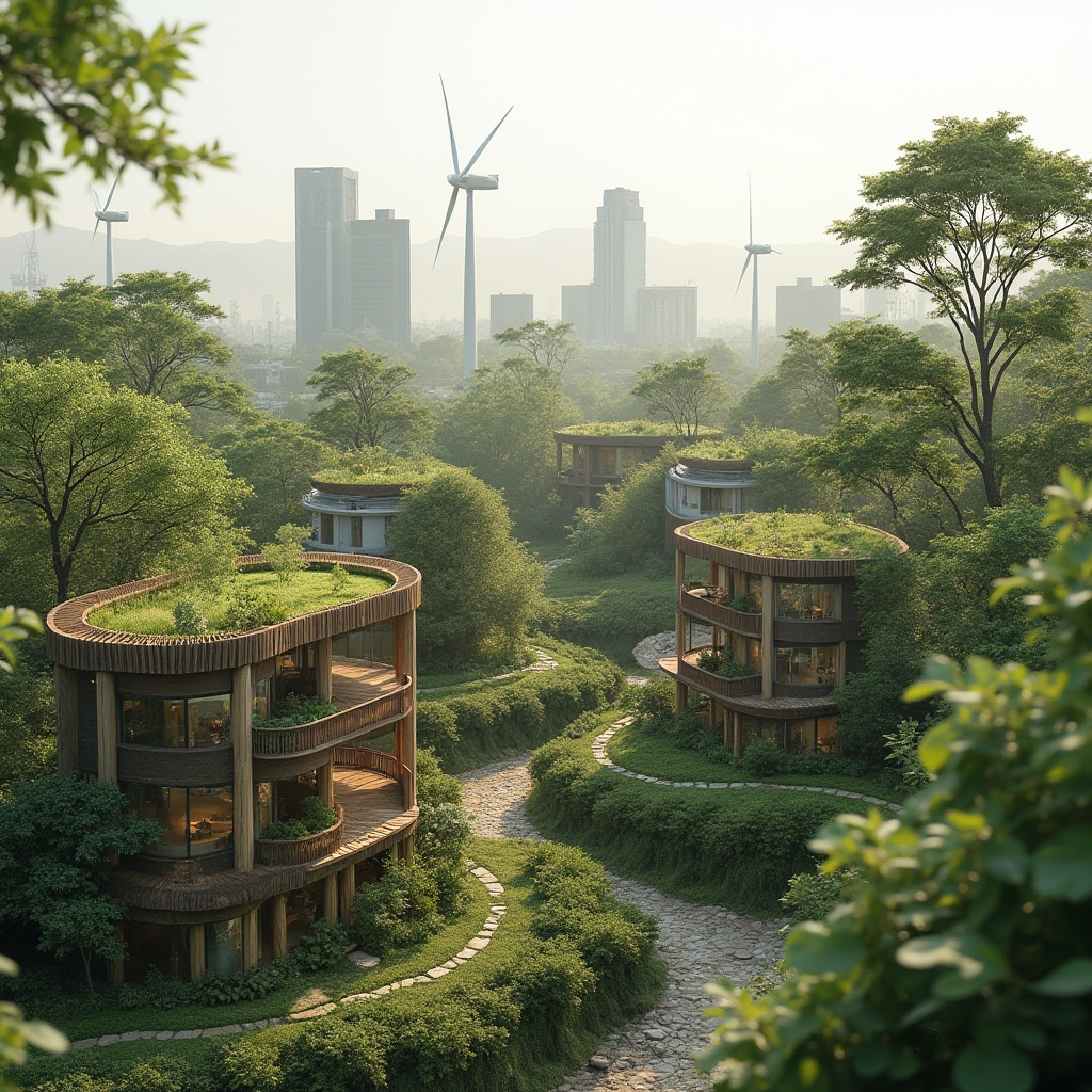 Prompt: Eco-friendly buildings, green roofs, solar panels, wind turbines, rainwater harvesting systems, recycled materials, low-carbon footprint, energy-efficient systems, natural ventilation, organic shapes, bamboo structures, reclaimed wood accents, living walls, urban gardens, minimalist decor, earthy tones, soft natural lighting, shallow depth of field, 3/4 composition, panoramic view, realistic textures, ambient occlusion.