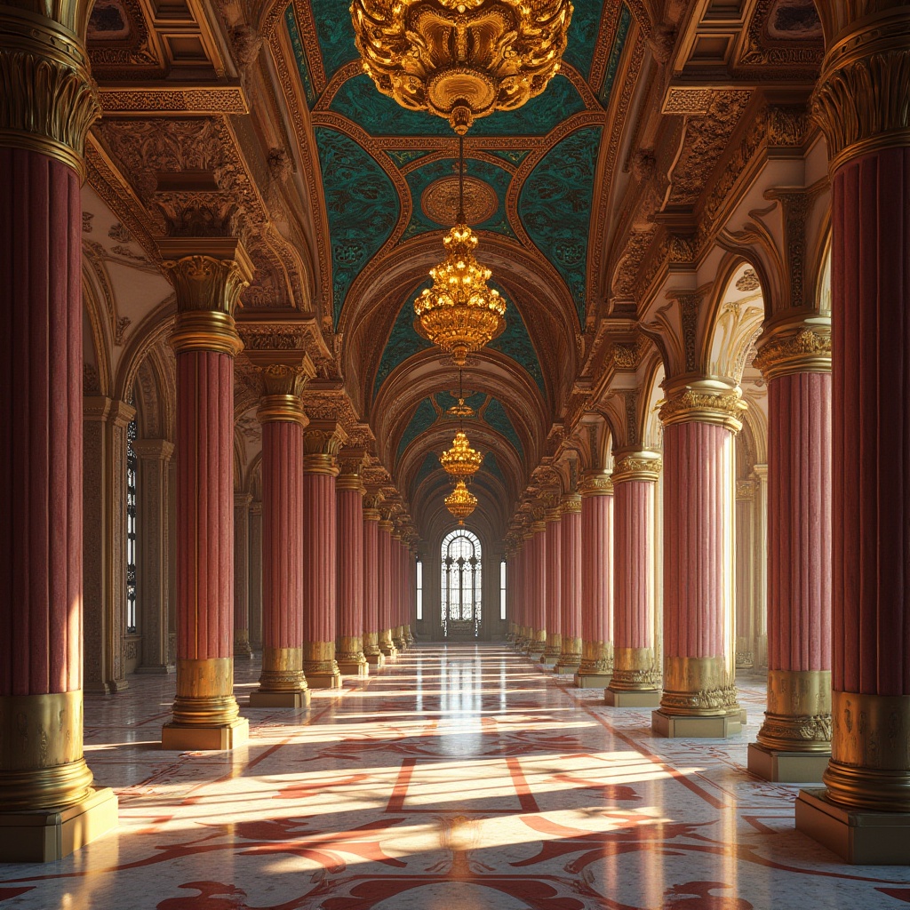 Prompt: Golden domes, intricate mosaics, rich ornate details, luxurious velvet drapes, majestic archways, grandiose chandeliers, vibrant turquoise accents, deep crimson hues, burnished bronze fixtures, ornate frescoes, lavish marble floors, regal purple tones, warm golden lighting, shallow depth of field, 1/1 composition, realistic textures, ambient occlusion.