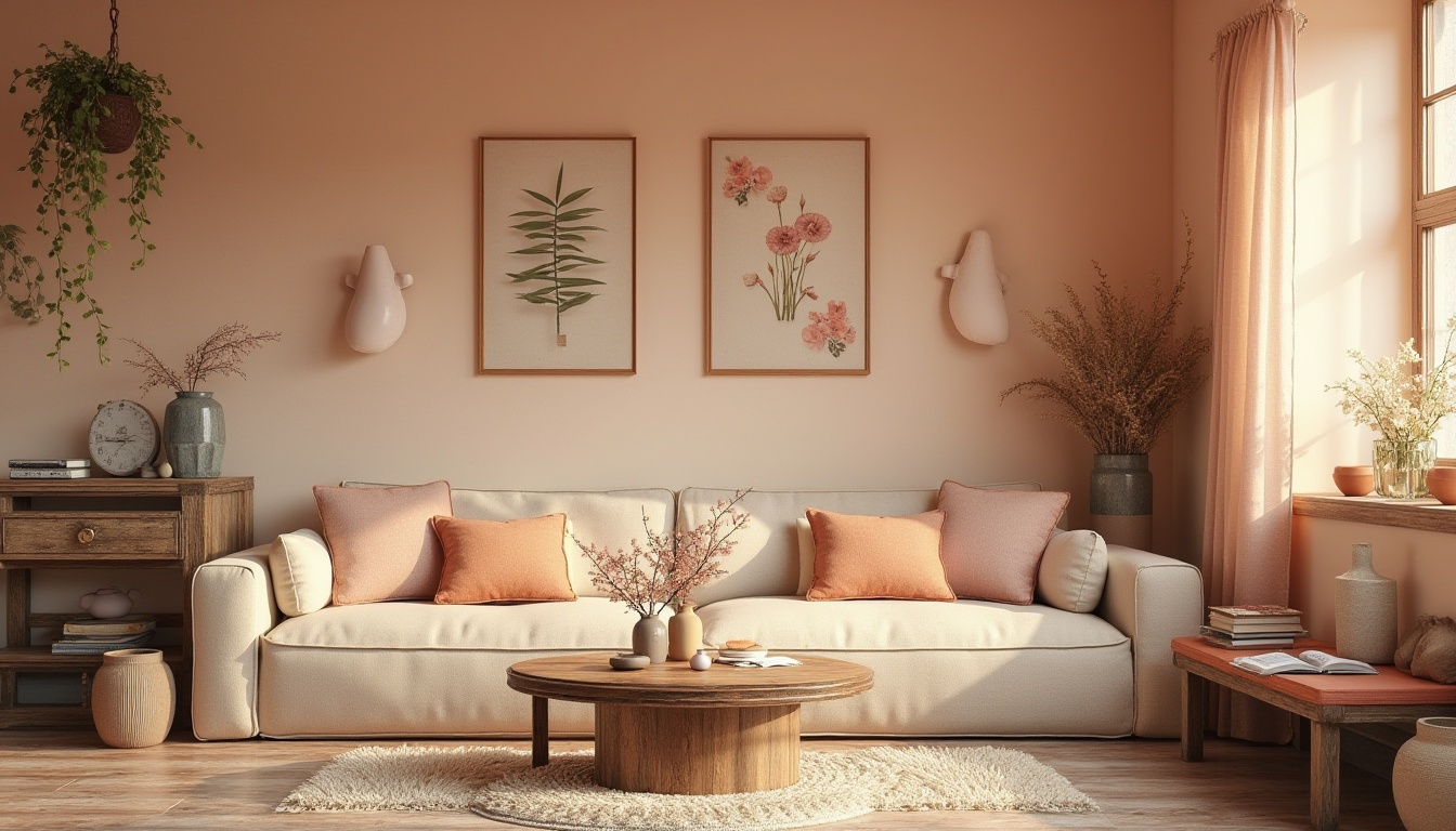 Prompt: Warm peach hues, soft blush accents, creamy ivory walls, rustic wooden furniture, vintage metal decorations, distressed textiles, natural stone flooring, earthy ceramic vases, delicate floral patterns, whimsical illustrations, cozy reading nooks, warm golden lighting, shallow depth of field, 1/1 composition, intimate atmosphere, realistic textures, ambient occlusion.