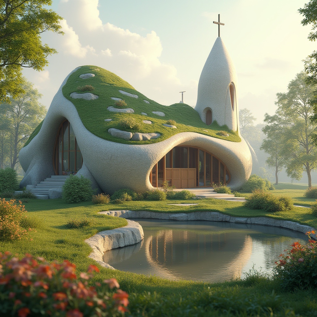 Prompt: Organic blob-shaped church, undulating curves, natural stone fa\u00e7ade, green roofs, solar panels, wind turbines, rainwater harvesting systems, eco-friendly materials, minimalist interior design, vaulted ceilings, stained glass windows, soft warm lighting, shallow depth of field, 3/4 composition, panoramic view, realistic textures, ambient occlusion, serene atmosphere, lush vegetation, vibrant flowers, tranquil pond, misty morning, warm sunny day.