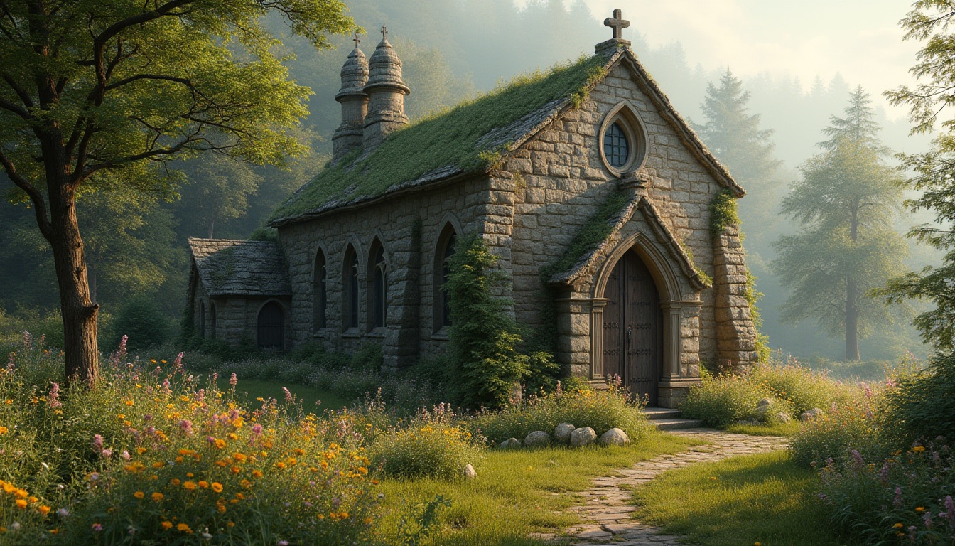 Prompt: Rustic stone church, harmonious landscape integration, lush greenery, vibrant wildflowers, weathered wooden doors, stained glass windows, intricate Gothic architecture, serene natural surroundings, misty morning atmosphere, soft warm lighting, shallow depth of field, 3/4 composition, panoramic view, realistic textures, ambient occlusion.