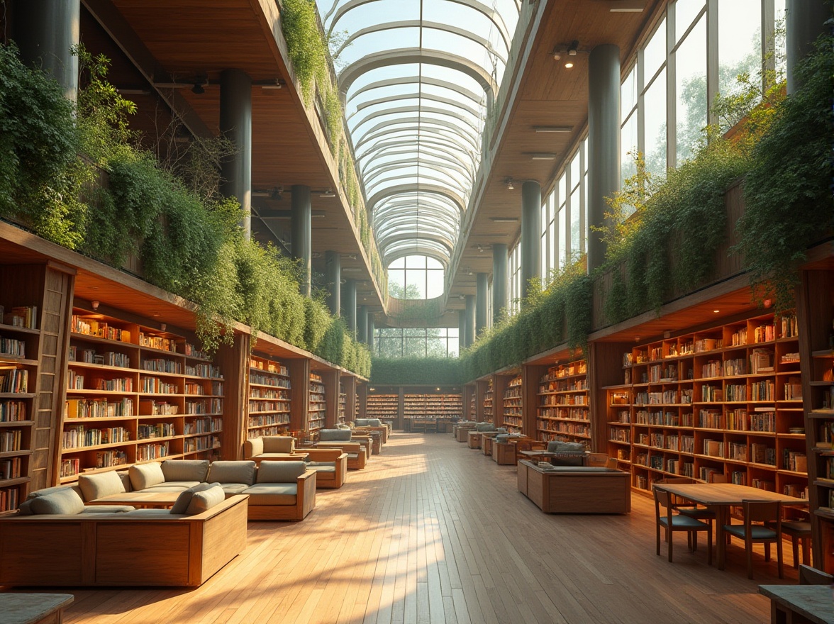 Prompt: Spacious library interior, high ceilings, large windows, clerestory openings, natural light pouring in, wooden shelves, bookshelves with ladder, comfortable reading areas, cushioned chairs, soft warm lighting, greenery walls, living walls, botanical gardens, rooftop garden, skylights, solar tubes, windcatchers, louvers, operable windows, cross ventilation, stack effect, buoyancy effect, thermal mass cooling, radiant floor cooling, evaporative cooling systems, sustainable building materials, recycled wood, low-VOC paints, natural fiber carpets, organic shapes, curved lines, minimalist design, calm atmosphere, peaceful ambiance.