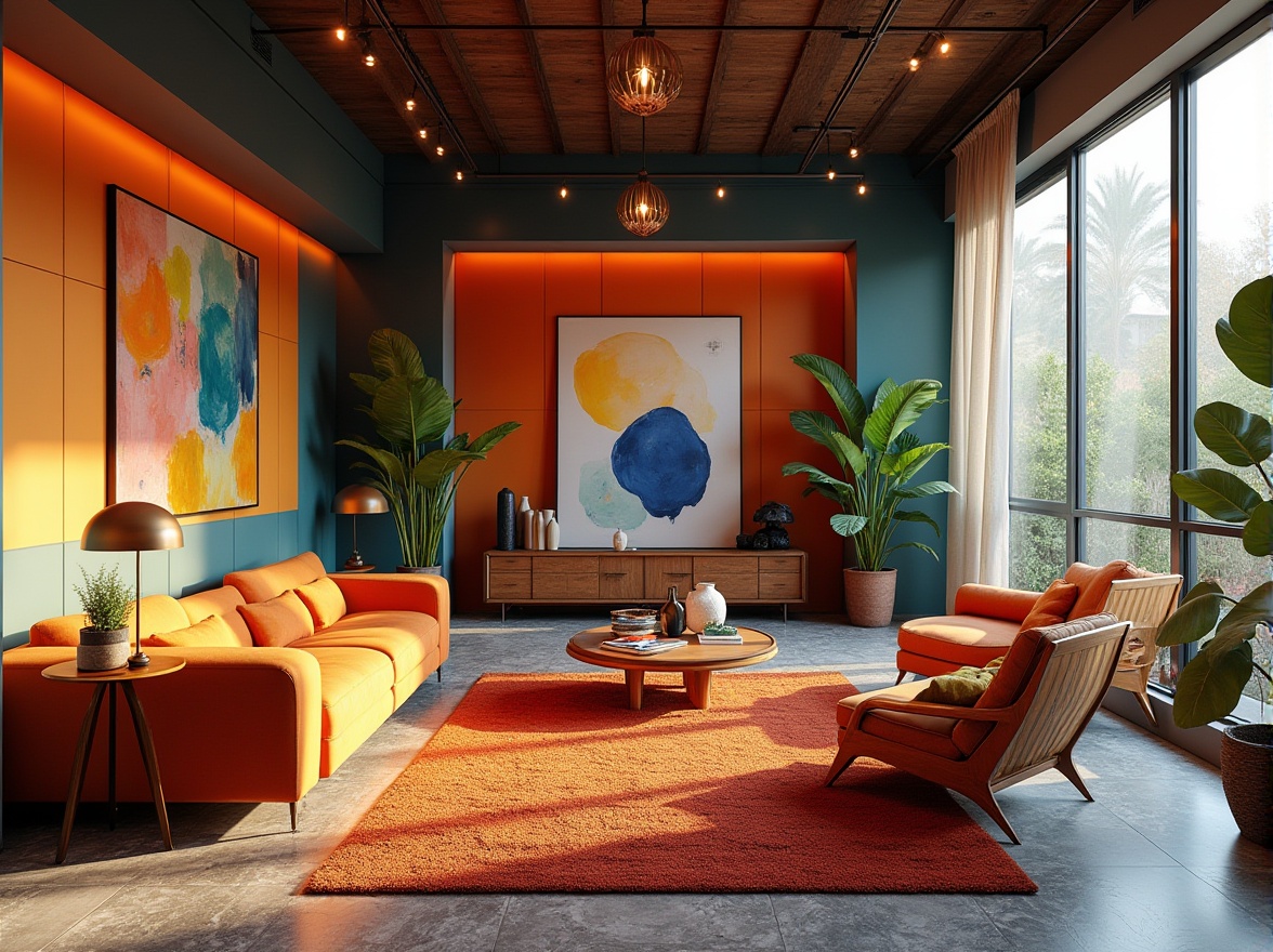 Prompt: Vibrant art studio, eclectic furniture, bold color blocking, contrasting textures, modern abstract artwork, statement lighting fixtures, sleek metal accents, rich wood tones, luxurious fabrics, plush area rugs, natural stone flooring, oversized windows, dramatic curtains, soft warm glow, shallow depth of field, 1/1 composition, realistic renderings, ambient occlusion.