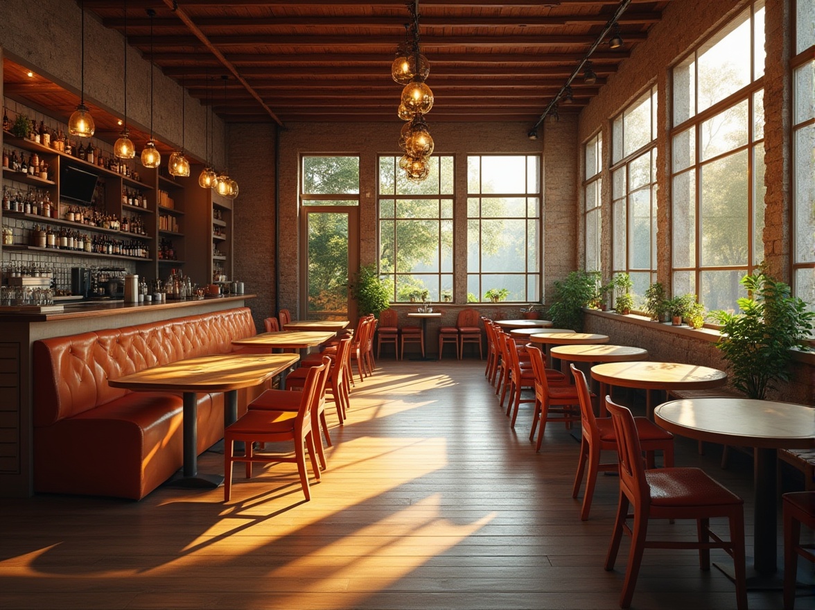 Prompt: Cozy dining hall, spacious interior, wooden tables, comfortable chairs, warm lighting, rustic decor, brick walls, high ceilings, large windows, natural ventilation, modern furniture, minimalist design, communal seating, circular tables, vibrant colors, lively atmosphere, morning sunlight, soft shadows, 1/1 composition, shallow depth of field, realistic textures, ambient occlusion.