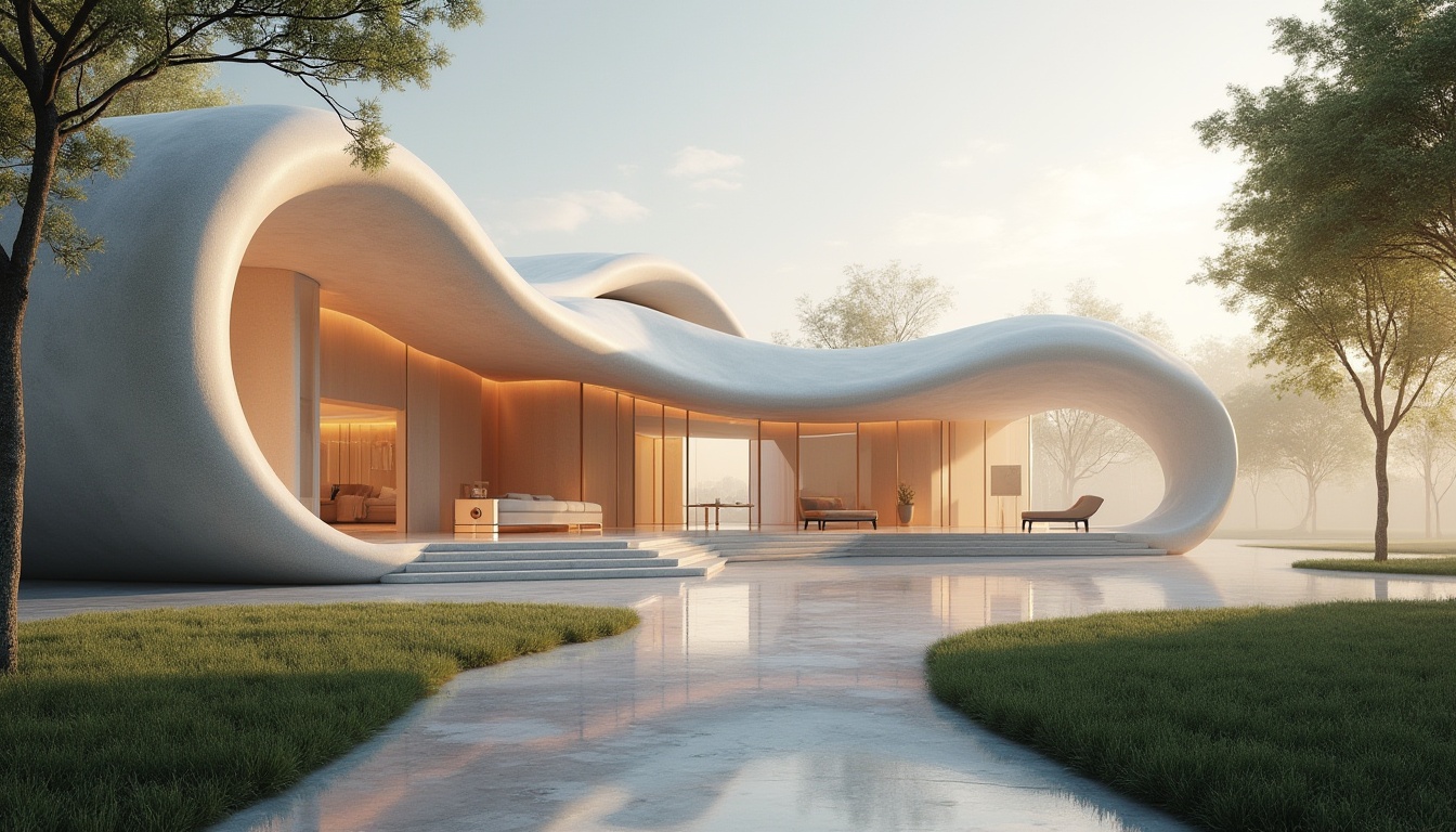 Prompt: Organic curves, flowing lines, futuristic architecture, undulating walls, sweeping arches, grand entranceways, minimalist decor, polished marble floors, luxurious materials, ambient lighting, soft warm glow, shallow depth of field, 1/1 composition, realistic reflections, atmospheric perspective, misty morning light, dewy grass, surrounding trees, serene atmosphere.