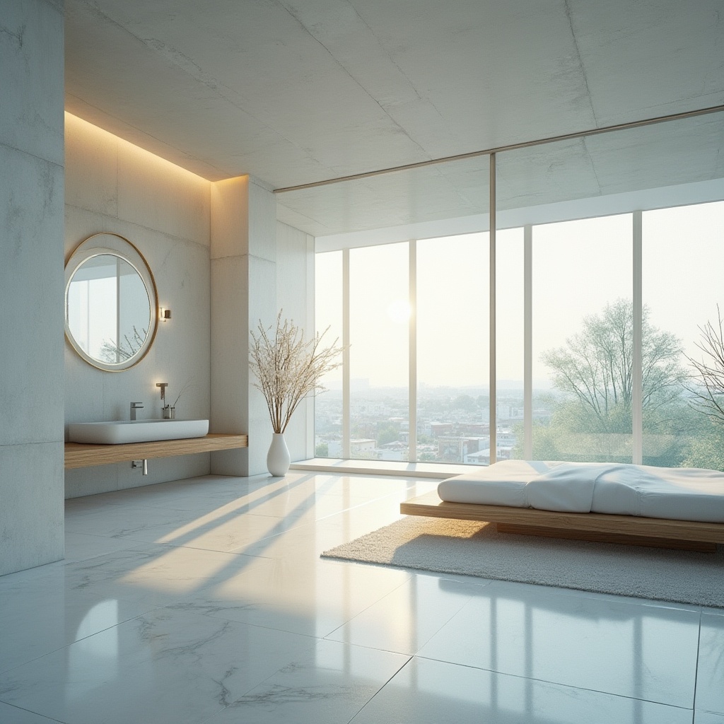 Prompt: Calm atmosphere, soft light blue hues, serene ambiance, natural materials, wooden accents, minimalist design, open spaces, floor-to-ceiling windows, transparent glass walls, subtle textures, gentle reflections, peaceful environment, warm white lighting, 1/2 composition, shallow depth of field, realistic renderings, ambient occlusion, modern architecture, sleek lines, geometric shapes, urban landscape, cityscape views.