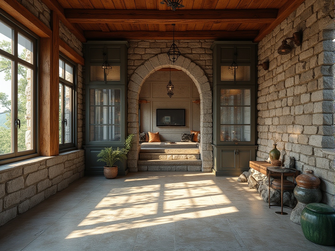 Prompt: Richly detailed stone walls, rustic wooden accents, smooth concrete floors, glossy metal surfaces, translucent glass partitions, vibrant ceramic tiles, intricate brick patterns, weathered copper roofs, distressed wood beams, rough-hewn rock formations, ambient natural lighting, soft focus, shallow depth of field, 3/4 composition, realistic renderings.